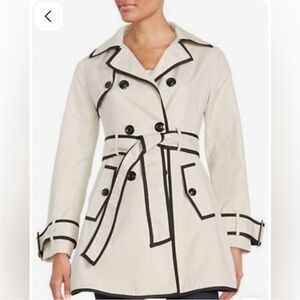 Betsey Johnson Cream Trench Coat Corset Back Double Breasted Black Piping XL
